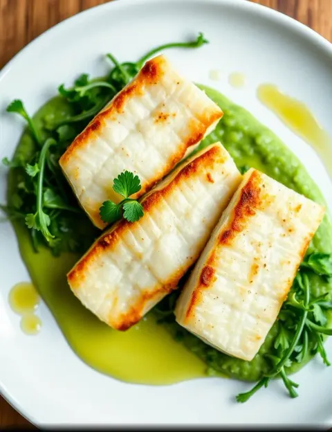 Morue rôtie sur purée de roquette au CBD